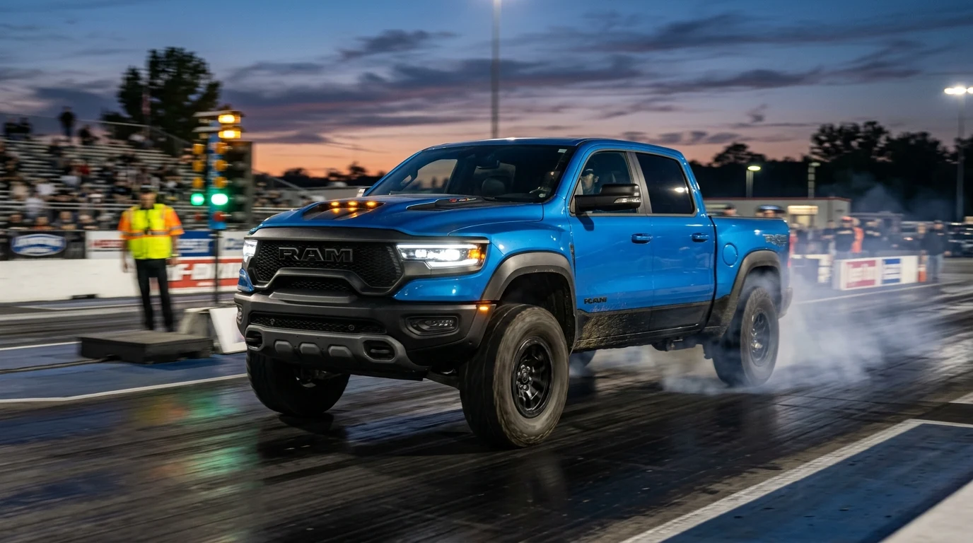 Ram 1500 RHO launching aggressively on drag strip track at twilight
