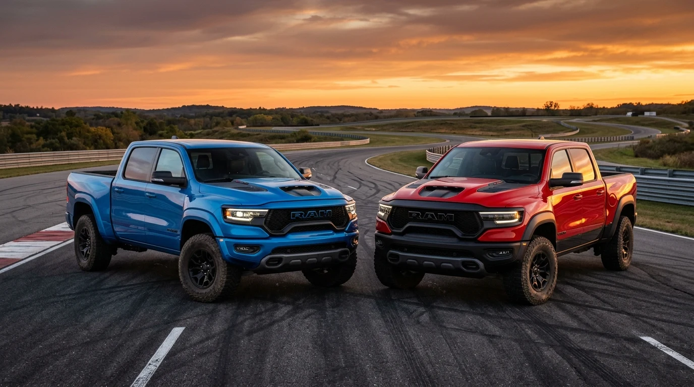 Ram 1500 RHO and Ram 1500 TRX parked side by side on proving grounds