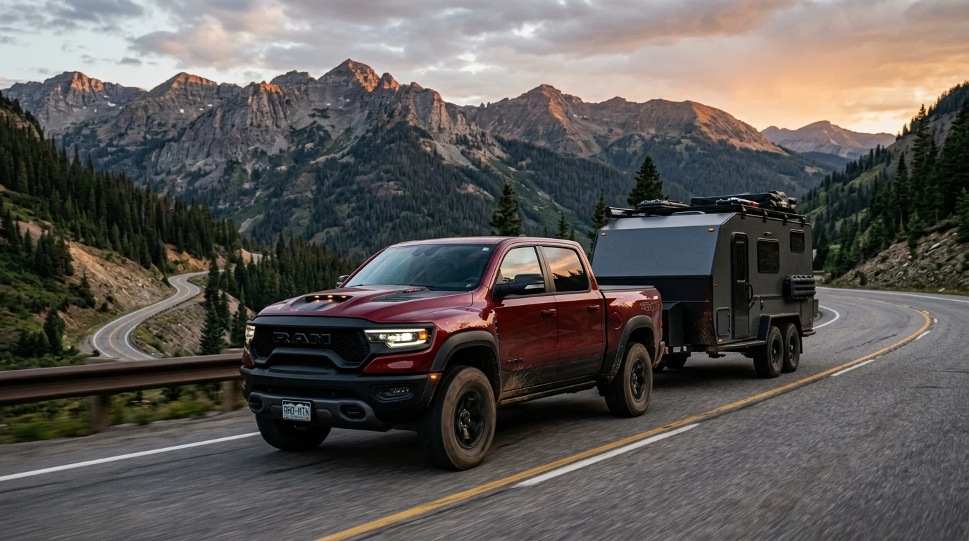 Ram 1500 RHO towing heavy expedition trailer on mountain pass